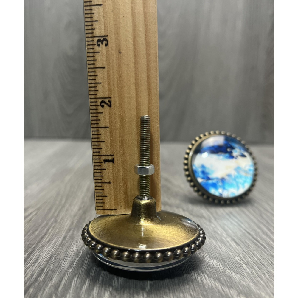 Set of 2 Round Blue White Dome Cabinet Knobs Drawer Pulls Antique Brass Marbled - Picture 5 of 9